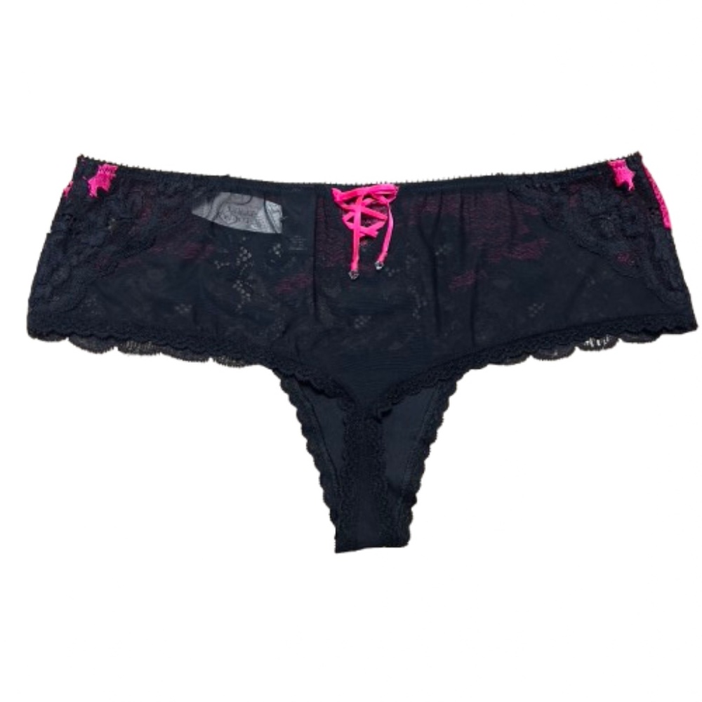NEW Victoria's Secret Panty Tanga Panties Black Lace Hot Pink Thong Crystal Bow - Picture 2 of 4